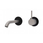 Kaya Up Wall Basin/Bath Mixer Set, Brushed Nickel, Matte Black Round Plates, 160mm Outlet
